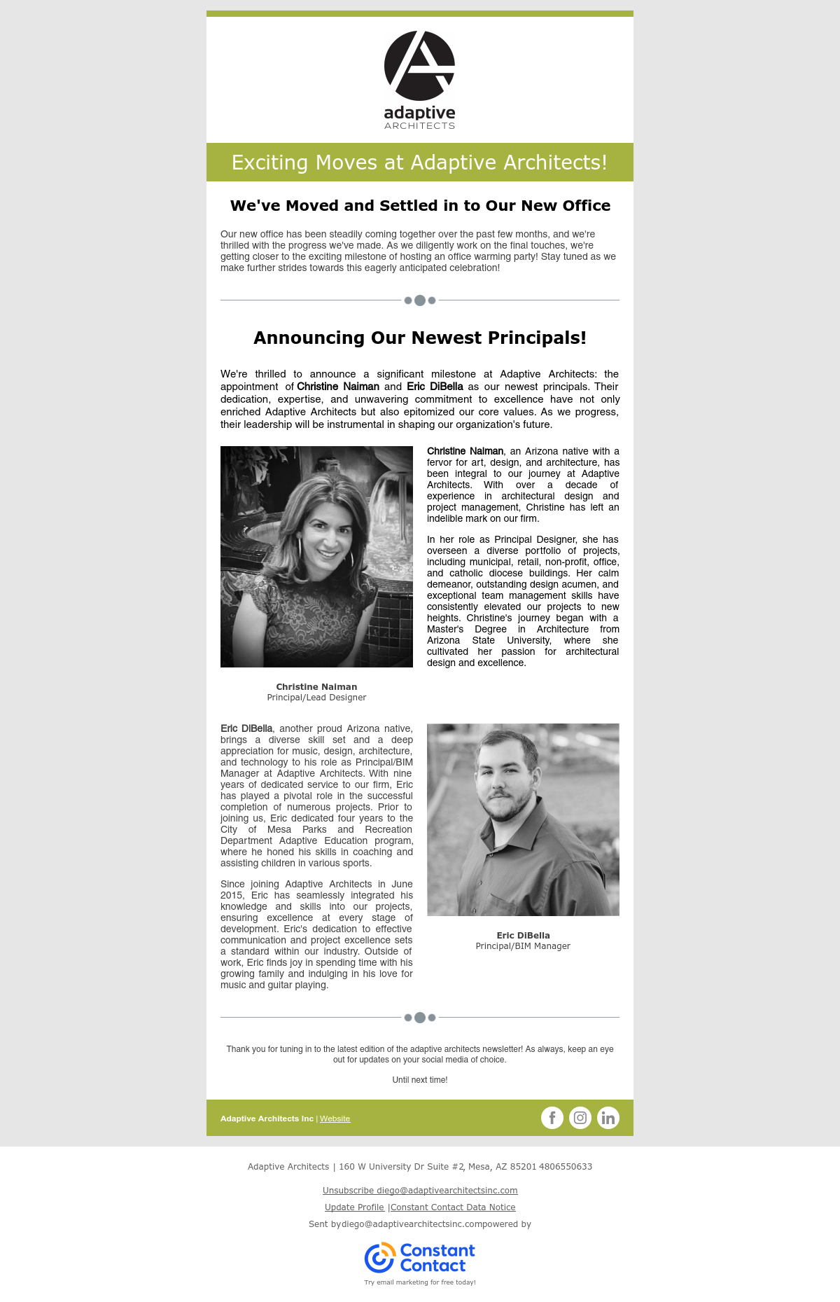 An image version of the newsletter sent via email. if you'd like to receive the text version, email diego@adaptivearchitectsinc.com